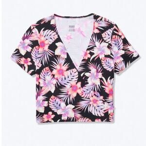 NWT Victoria's Secret PINK Black Floral Bohemian V Neck Wrap Top Large Deadstock